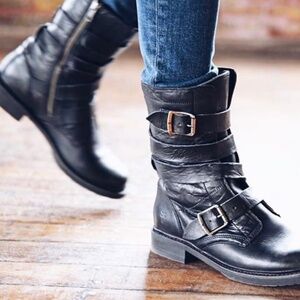 FRYE Women’s VERONICA TANKER Moto Leather Biker Belted Boots in Black Size: 8.5